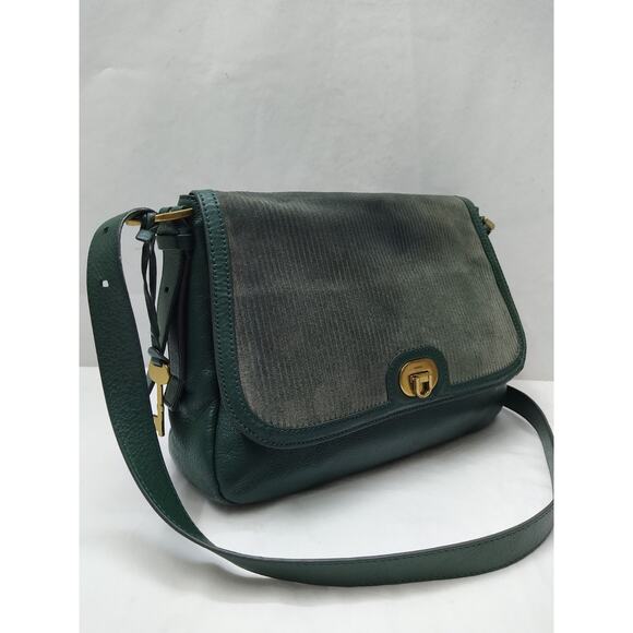 Fossil Green Leather Suede Pushlock Flap Closure Crossbody Bag - Picture 3 of 16